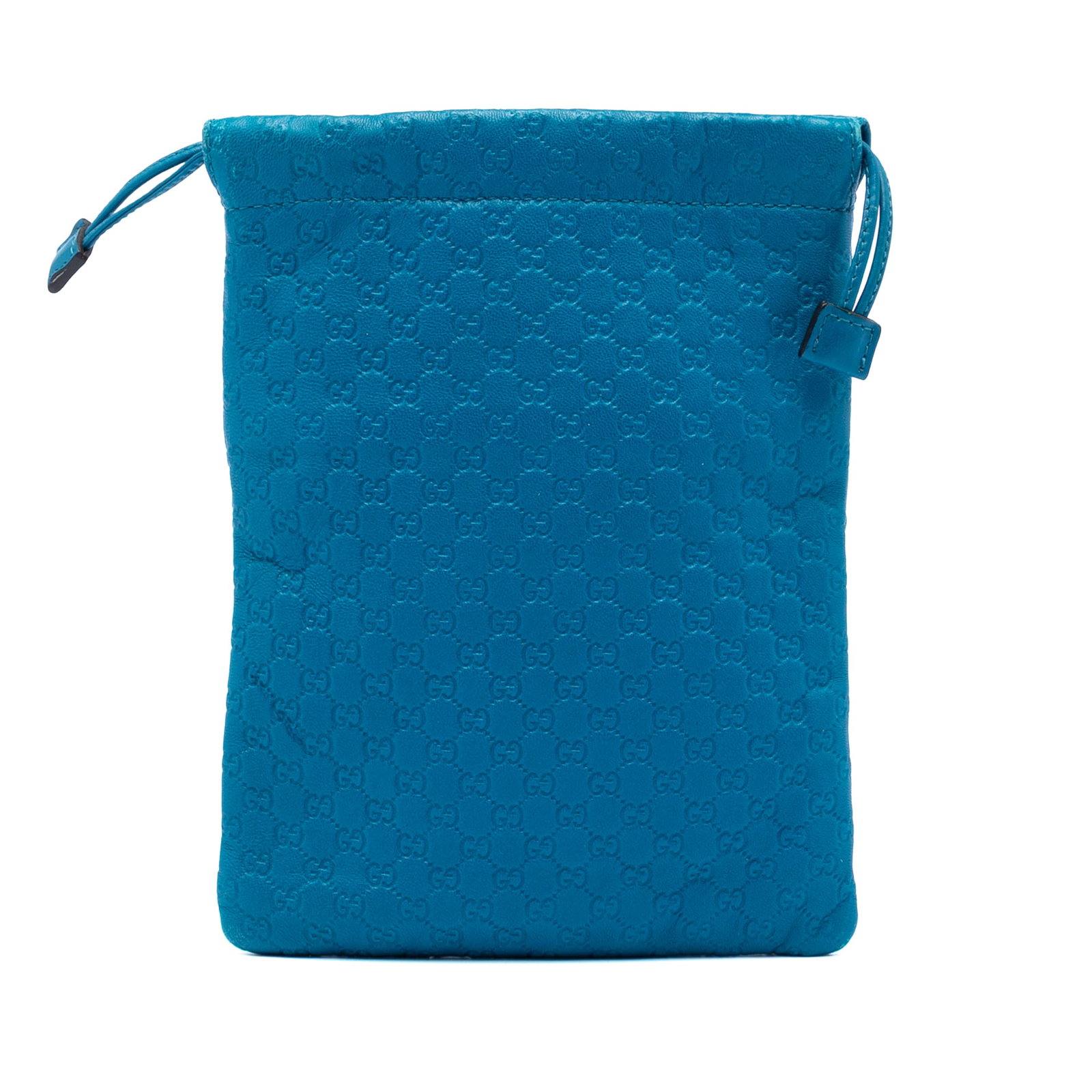 Blue Leather Microguccissima Drawstring Pouch by Gucci: Blue Leather Microguccissima Drawstring Pouch by Gucci This blue pouch features Gucci's signature Microguccissima embossed leather and is designed with an open top and drawstring closure. The pouch sh