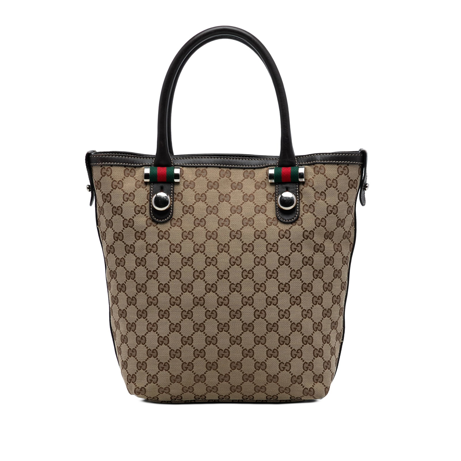 GG Canvas Web Match Ball Tote Bag by Gucci with Leather Trim: GG Canvas Web Match Ball Tote Bag by Gucci with Leather Trim This Gucci GG Canvas Web Match Ball Tote features a beige canvas body with leather trim and rolled leather straps. The bag offers an open t