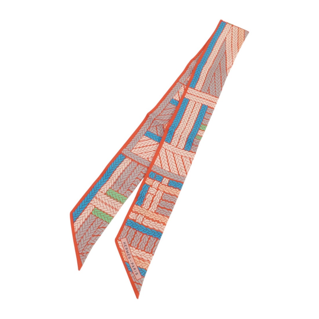Silk Twilly Scarf by Hermes in Orange and Multicolor for Women: Silk Twilly Scarf by Hermes in Orange and Multicolor for Women This Hermes Twilly scarf is crafted from silk and features a vibrant multicolor design with shades of orange, blue, and green. Designed f