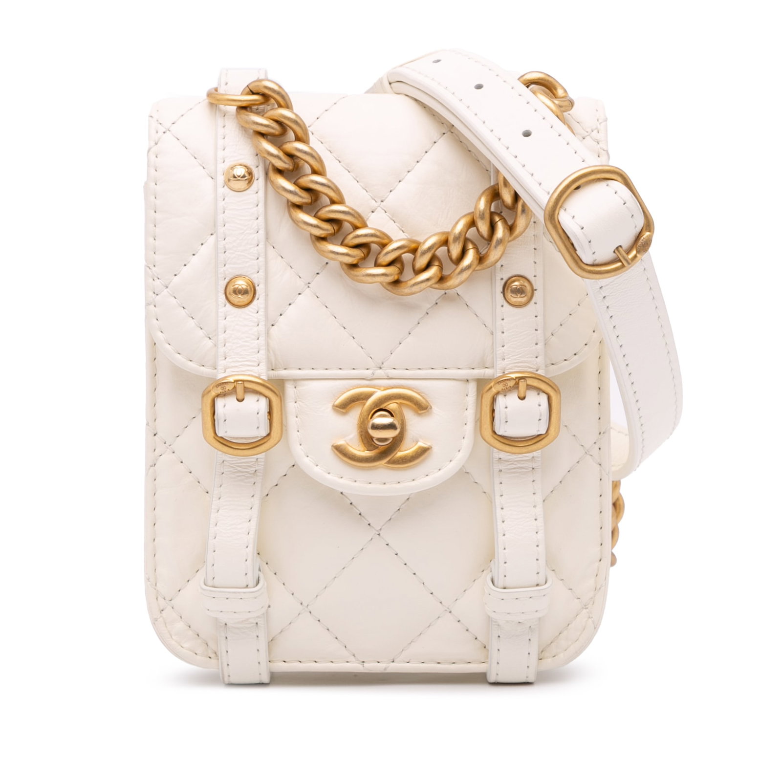 Chanel Mini Aged Calfskin City School Flap White Leather Bag: Chanel Mini Aged Calfskin City School Flap White Leather Bag The Chanel Mini Aged Calfskin City School Flap is a stylish and sophisticated bag crafted from high-quality quilted leather. It features a 
