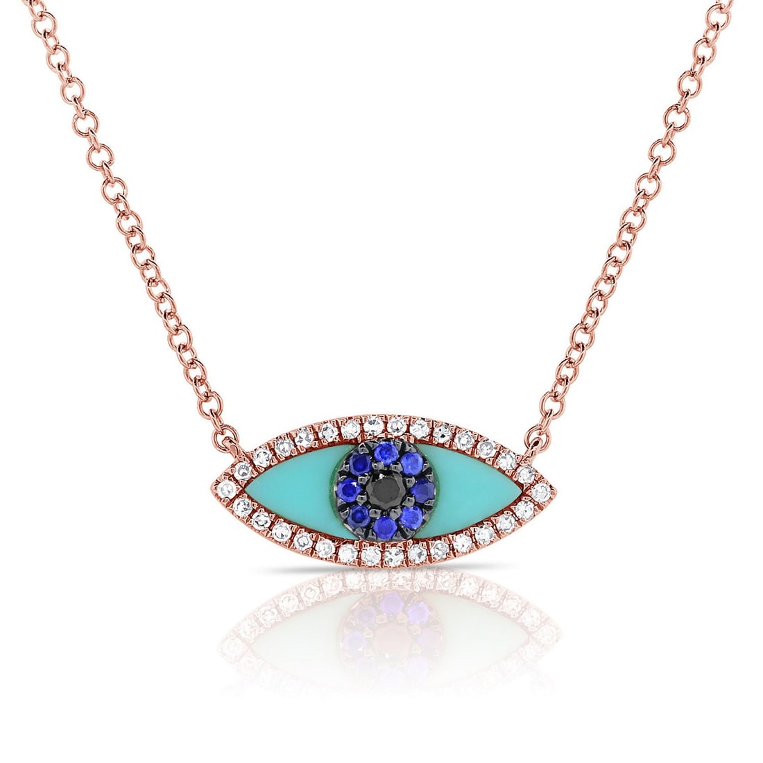 Sabrina Designs Co Evil Eye Necklace 14K Rose Gold Diamond and Turquoise: Sabrina Designs Co Evil Eye Necklace 14K Rose Gold Diamond and Turquoise This pre-owned women's necklace features a round pendant with an evil eye design, crafted in 14K rose gold. The necklace is acc
