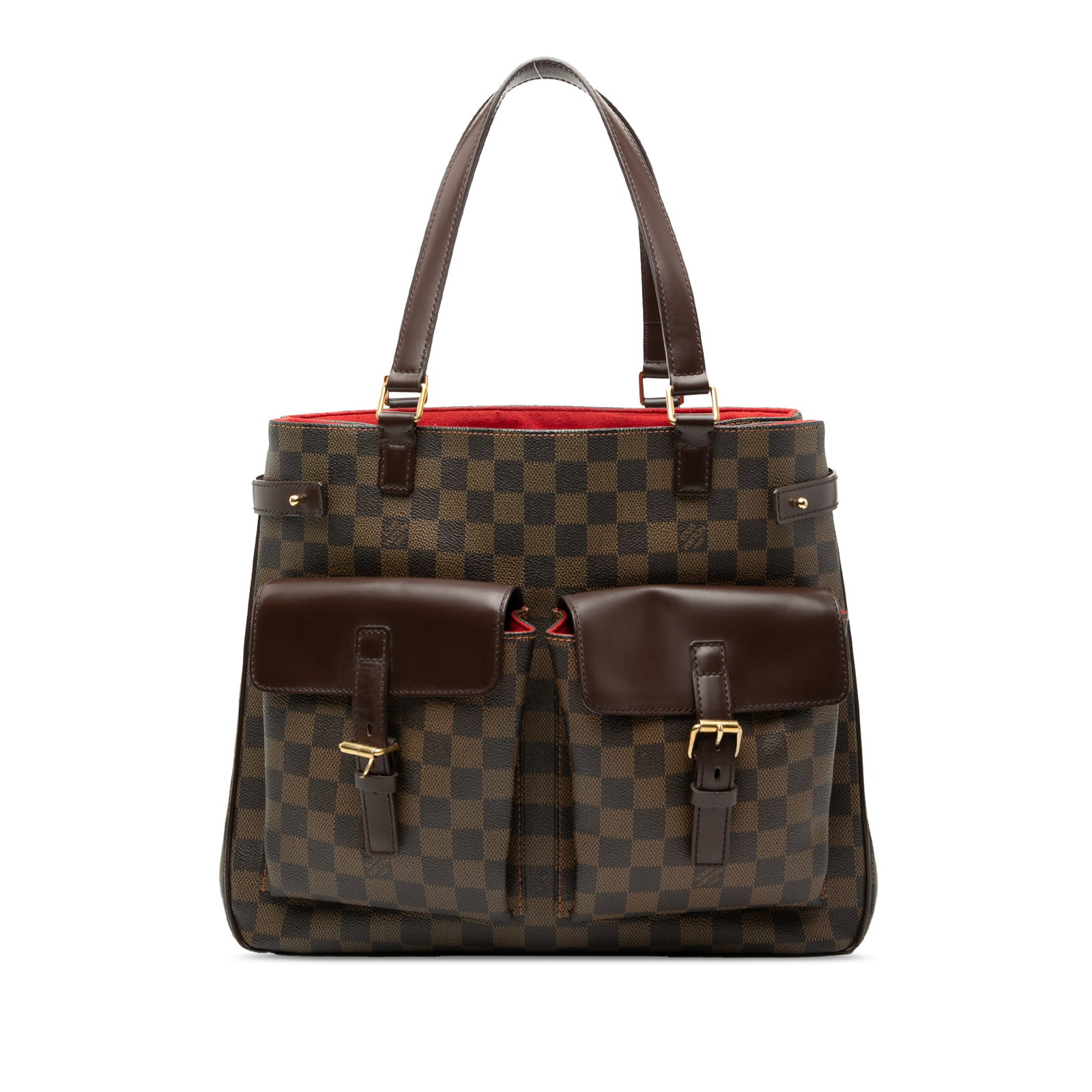 Damier Ebene Uzes Tote Bag by Louis Vuitton with Front Flap Pockets: Damier Ebene Uzes Tote Bag by Louis Vuitton with Front Flap Pockets The Louis Vuitton Damier Ebene Uzes is a brown handbag crafted from Damier canvas with flat leather straps. It features an open top 