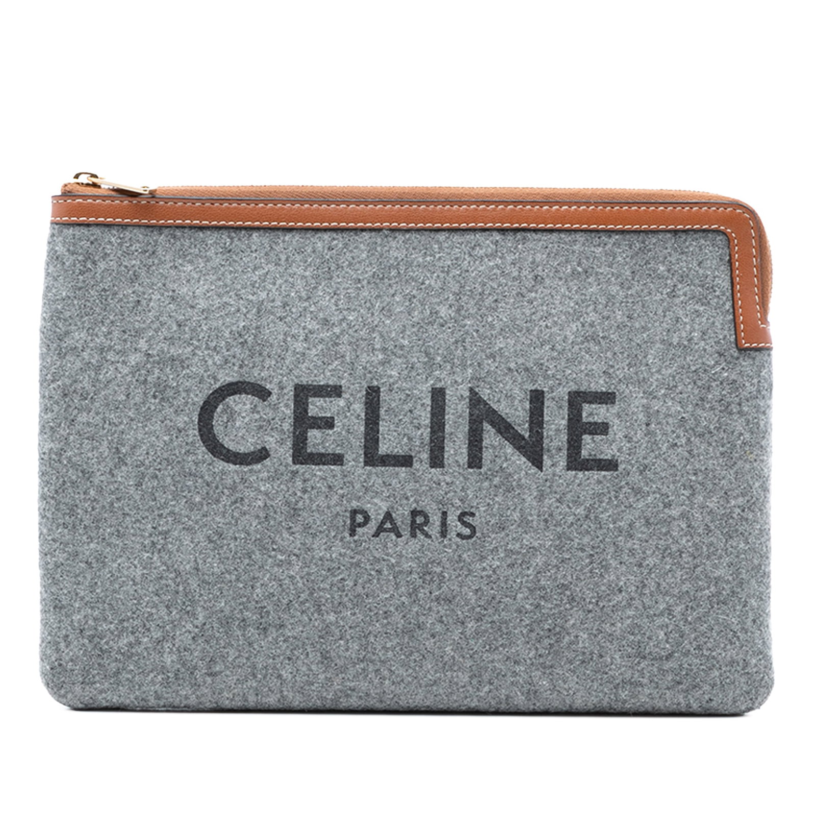 Celine Felt and Leather Logo Clutch Bag with Zip Top: Celine Felt and Leather Logo Clutch Bag with Zip Top This Celine Felt Logo Flat Pouch features a wool felt body with leather trim and a top zip closure. The pouch is gray in color and was crafted in I