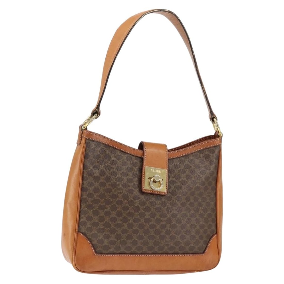 Vintage Celine Macadam Canvas Leather Shoulder Bag Brown 27x24x8cm: Vintage Celine Macadam Canvas Leather Shoulder Bag Brown 27x24x8cm This vintage Celine Macadam shoulder bag for women features a brown canvas body with leather accents. The bag measures 27cm x 24cm x 