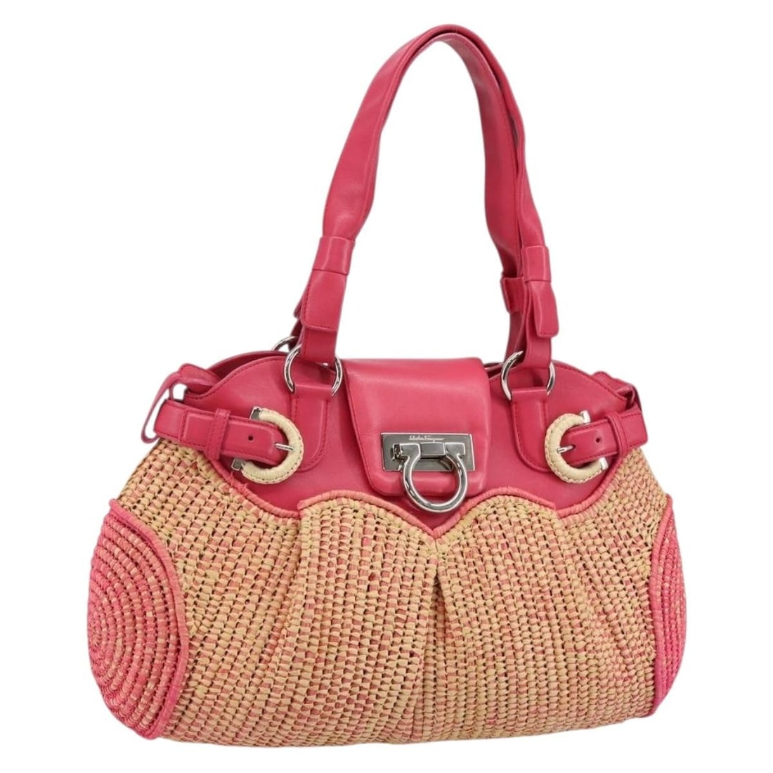 Salvatore Ferragamo Gancini Pink Silver Canvas Shoulder Bag Italy Auth 143084: Salvatore Ferragamo Gancini Pink Silver Canvas Shoulder Bag Italy Auth 143084 This Salvatore Ferragamo Gancini Shoulder Bag is a stylish and elegant accessory crafted in Italy. Made from durable canva