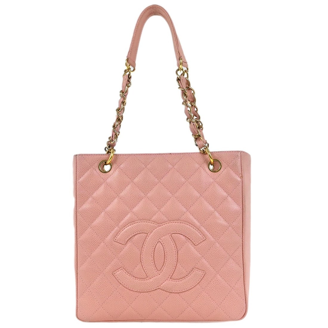 Chanel Pink Caviar Leather Petite Shopping Tote with Chain Strap: Chanel Pink Caviar Leather Petite Shopping Tote with Chain Strap This exquisite Chanel Petite Shopping Tote is crafted from luxurious pink caviar skin leather, offering a stylish and functional access
