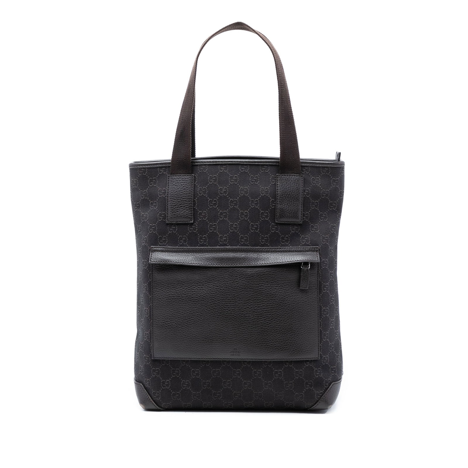 Gucci GG Denim Tote Bag with Leather Trim and Zip Compartments: Gucci GG Denim Tote Bag with Leather Trim and Zip Compartments This Gucci GG Denim Tote features a denim body with leather trim, flat leather straps, a top zip closure, an exterior front zip pocket, a