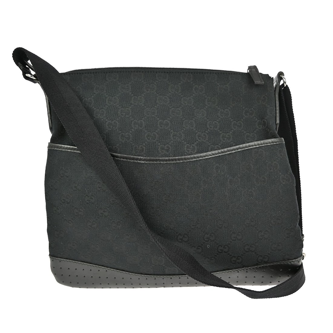 Gucci GG Black Canvas Leather Shoulder Bag Vintage Medium: Gucci GG Black Canvas Leather Shoulder Bag Vintage Medium This vintage Gucci shoulder bag features the iconic GG pattern on black canvas with leather accents. Designed in a medium size, it offers a sl