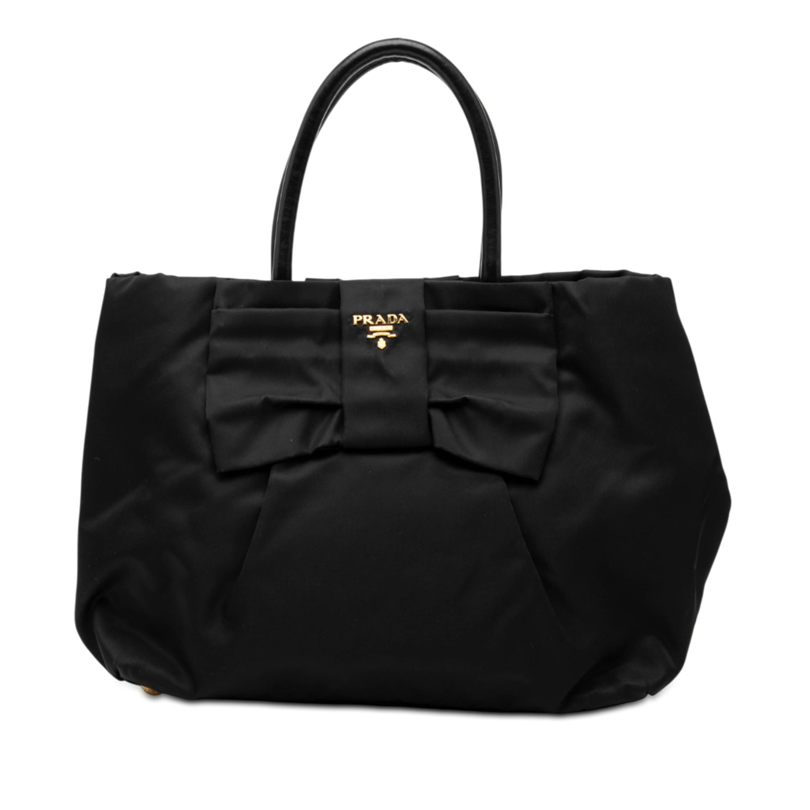 Prada Tessuto Fiocco Bow Black Nylon Tote Bag with Leather Handles: Prada Tessuto Fiocco Bow Black Nylon Tote Bag with Leather Handles This Prada Tessuto Fiocco Bow Tote features a nylon body accented with a signature bow detail, rolled leather handles, an open top wi