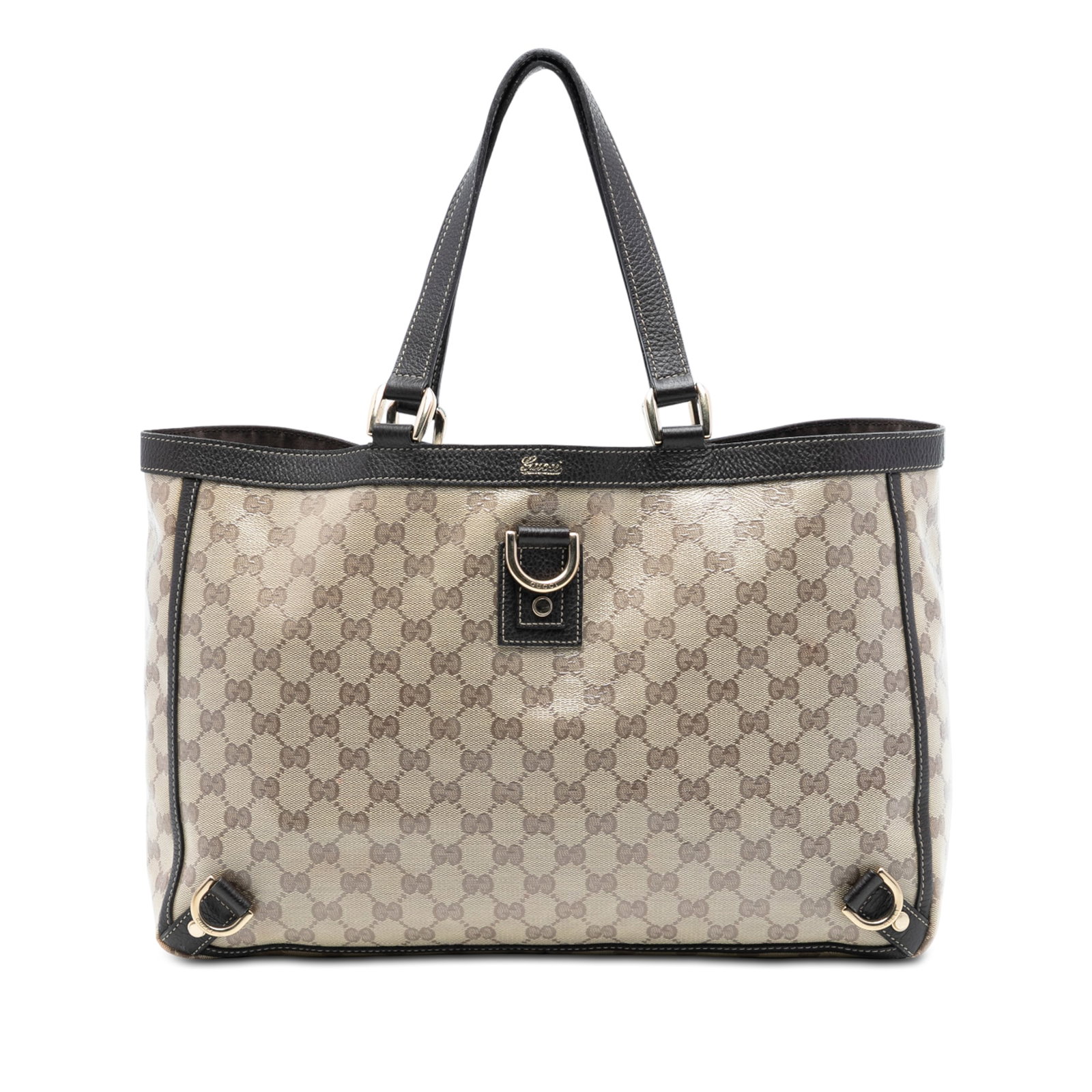 GG Crystal Abbey D Ring Tote Bag with Leather Trim by Gucci: GG Crystal Abbey D Ring Tote Bag with Leather Trim by Gucci The Gucci GG Crystal Abbey D Ring Tote features a coated canvas exterior with leather trim, flat leather straps, an open top secured by a ma