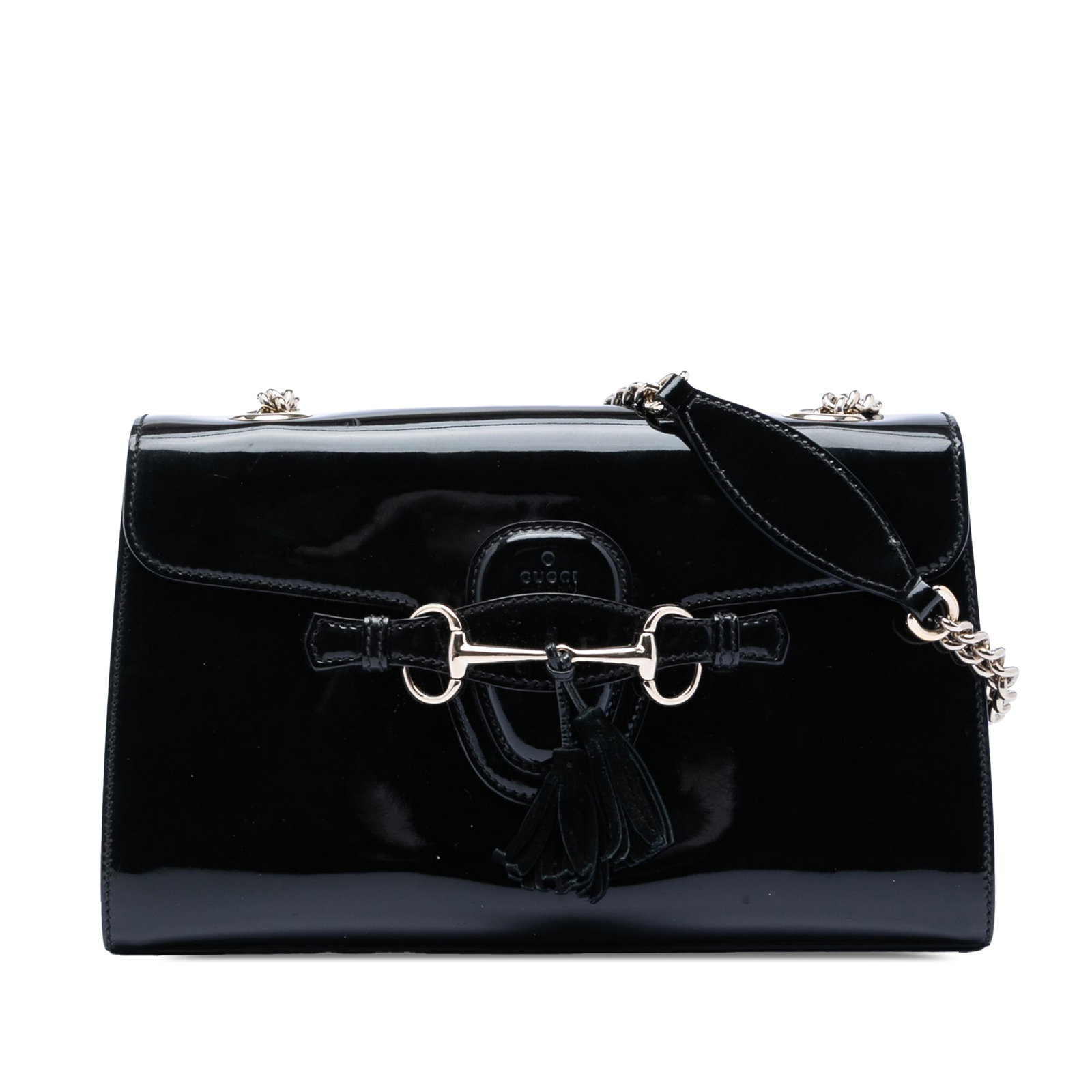 Black Patent Leather Emily Medium Shoulder Bag by Gucci with Chain Strap: Black Patent Leather Emily Medium Shoulder Bag by Gucci with Chain Strap This Gucci Medium Patent Emily Shoulder Bag is crafted from black patent leather and features a chain link strap with a leather