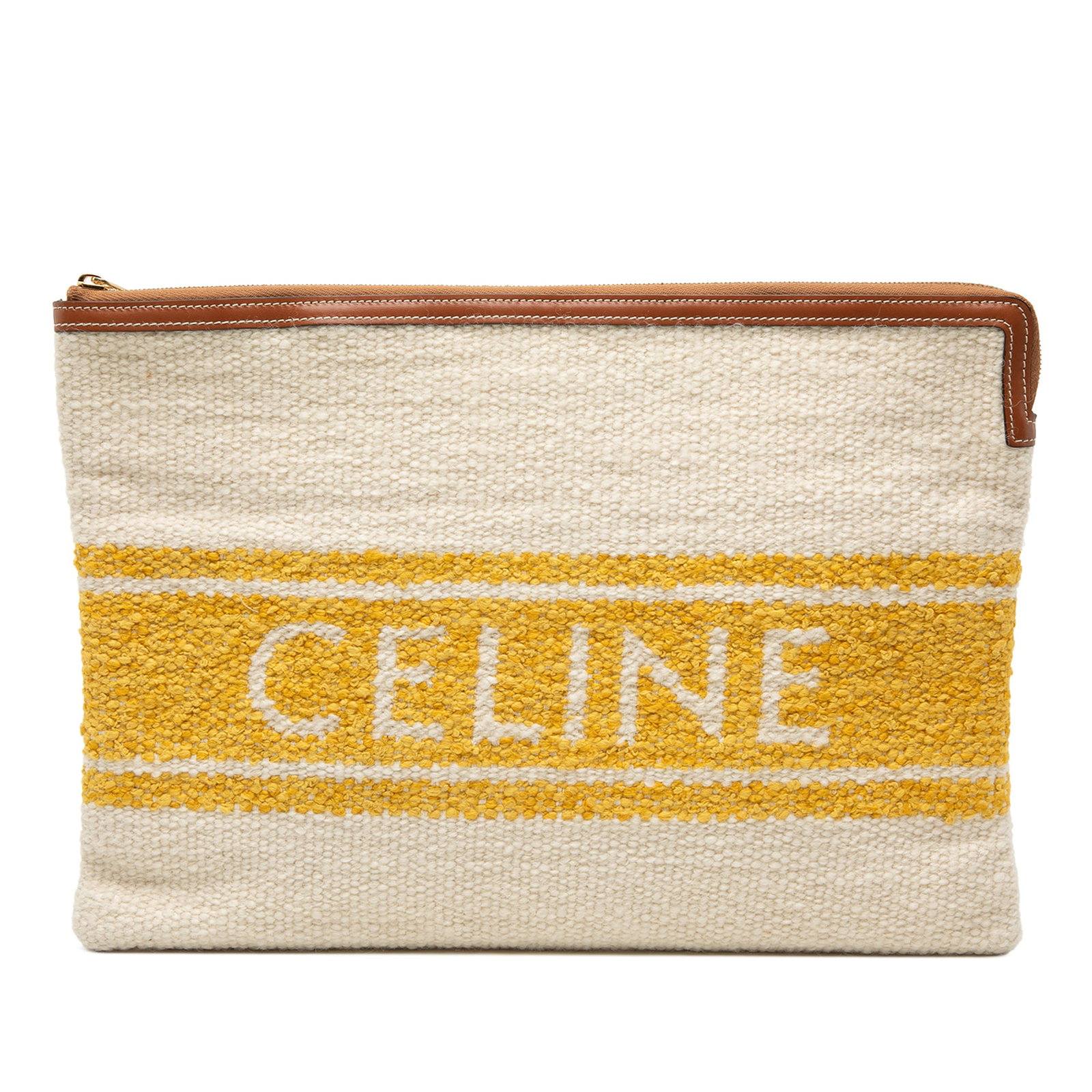 Celine Plein Soleil Brown Knitted Fabric Clutch with Leather Trim: Celine Plein Soleil Brown Knitted Fabric Clutch with Leather Trim This Celine Large Plein Soleil Clutch features a knitted textile body complemented by leather trim and a top zip closure. The bag is b