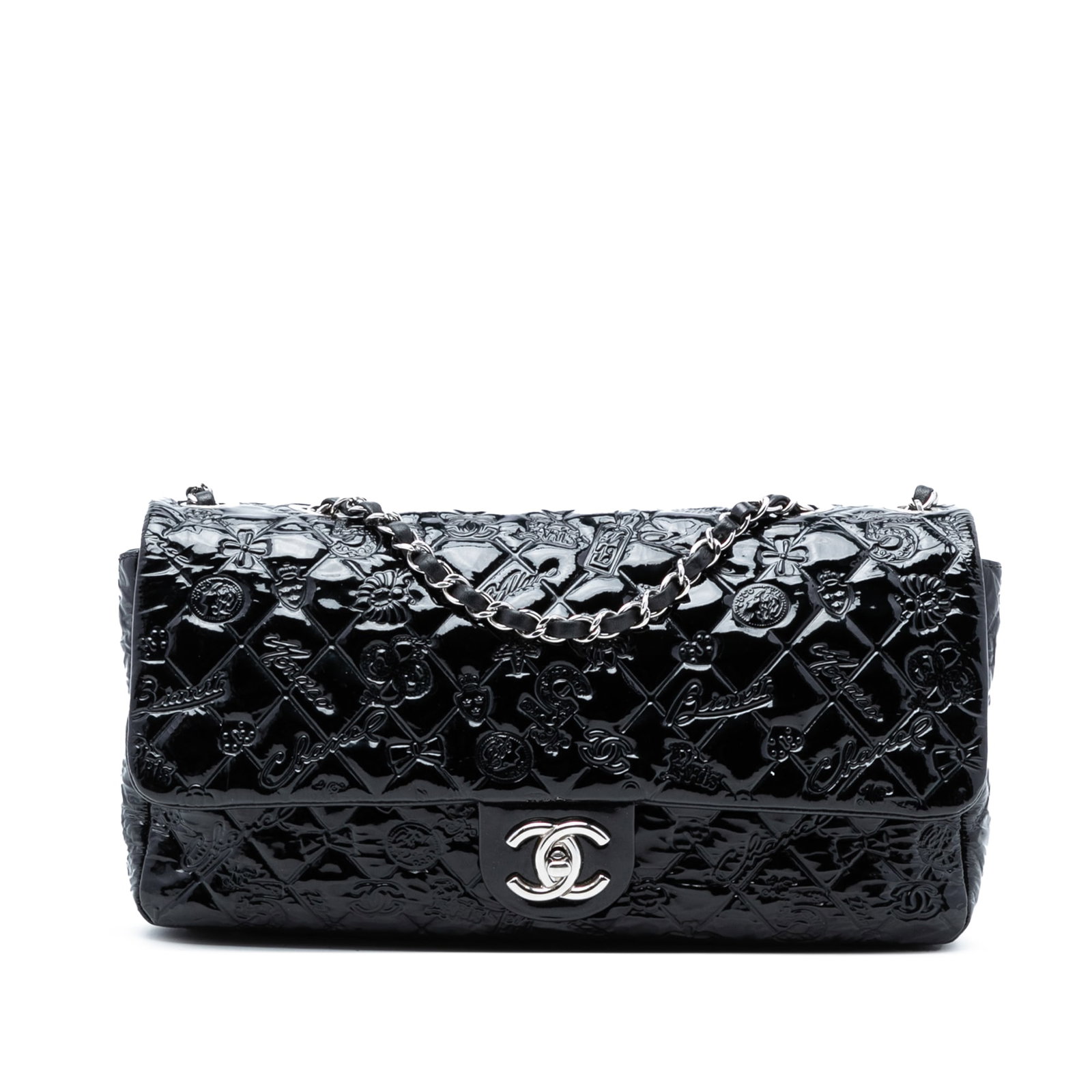 Chanel Black Patent Leather Jumbo Lucky Symbols Quilted Shoulder Bag: Chanel Black Patent Leather Jumbo Lucky Symbols Quilted Shoulder Bag This Chanel Jumbo Patent Embossed Lucky Symbols Flap shoulder bag features a quilted patent leather exterior in black, leather wove
