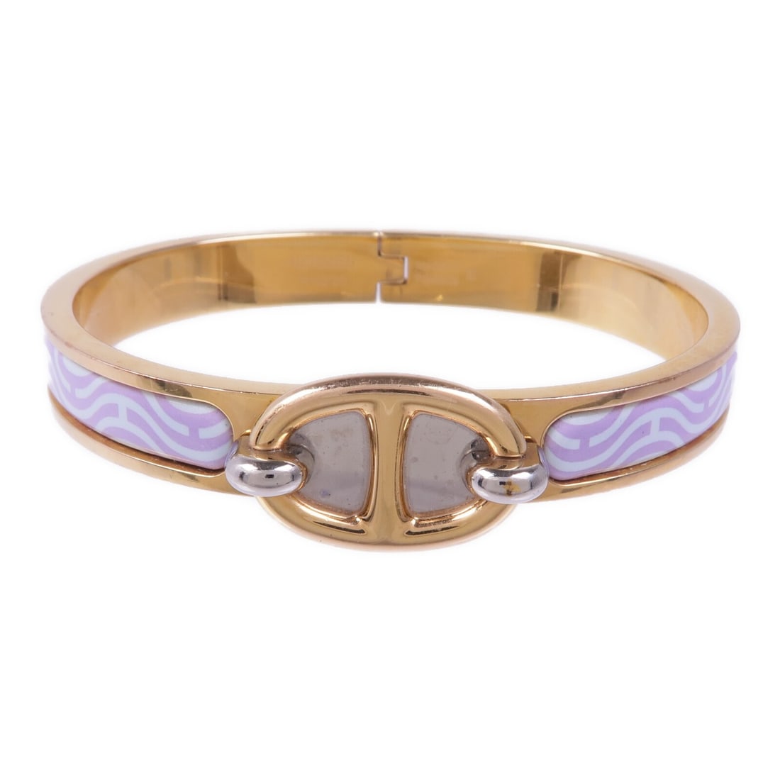 HERMES Mini Clic Chaine d'Ancre Purple Enamel Bracelet: HERMES Mini Clic Chaine d'Ancre Purple Enamel Bracelet This exquisite Hermes Mini Clic Chaine d'Ancre Bracelet features a vibrant purple enamel finish that adds a touch of elegance to any outfit. Craf