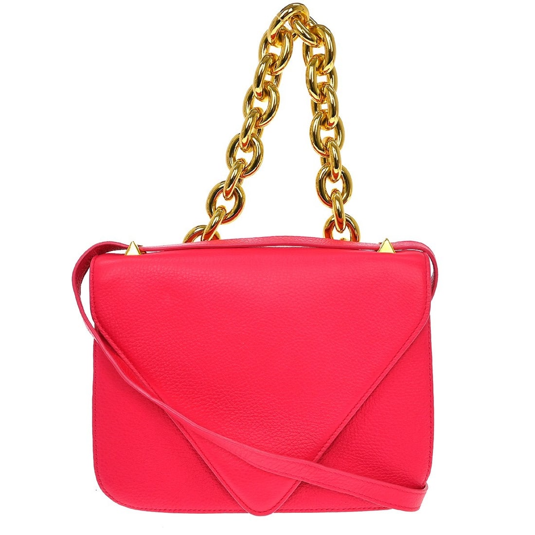 Bottega Veneta Medium Pink Leather Shoulder Bag with Gold Strap: Bottega Veneta Medium Pink Leather Shoulder Bag with Gold Strap This Bottega Veneta shoulder handbag is crafted from pink leather and features a versatile 2-way design with a medium-sized silhouette. 