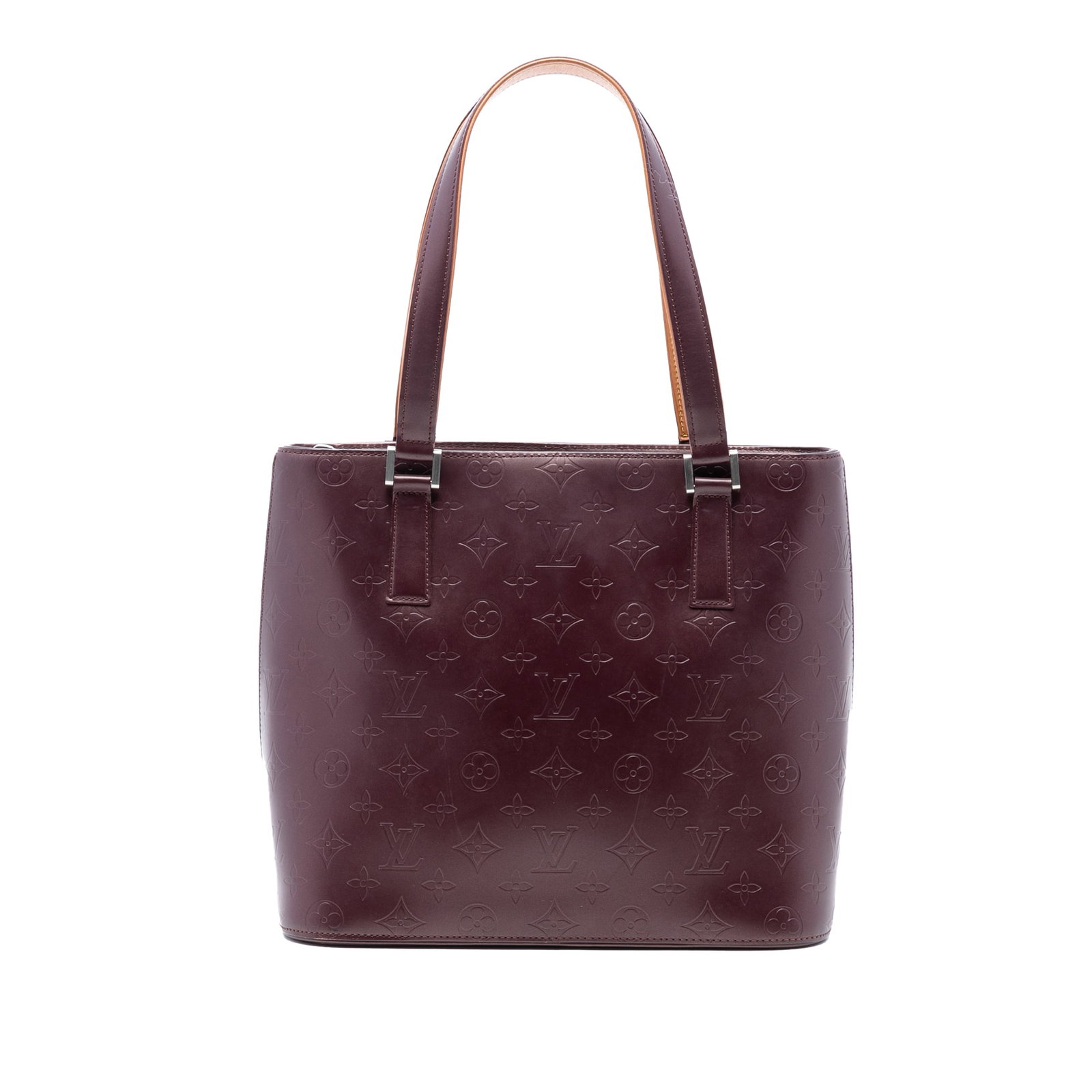 Monogram Mat Stockton Leather Tote by Louis Vuitton in Red: Monogram Mat Stockton Leather Tote by Louis Vuitton in Red This Louis Vuitton Monogram Mat Stockton bag features a monogram mat leather body with a red finish, flat leather handles, a top zip closure,