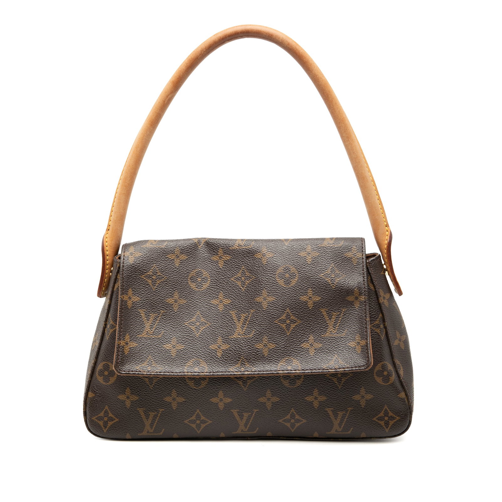 Louis Vuitton Mini Looping Monogram Canvas Shoulder Bag with Leather Handle: Louis Vuitton Mini Looping Monogram Canvas Shoulder Bag with Leather Handle The Louis Vuitton Monogram Mini Looping features a monogram canvas body, rolled vachetta leather handle, flap with magnetic 