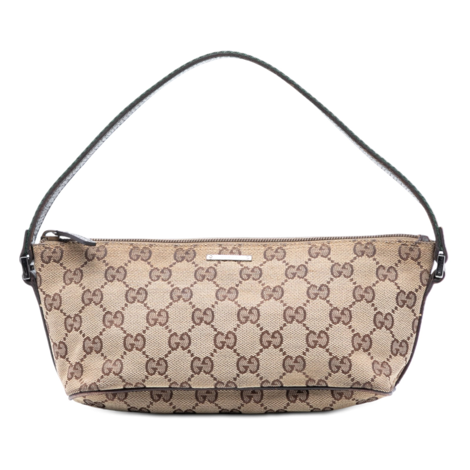 Gucci GG Canvas Web Boat Beige Shoulder Bag with Leather Trim: Gucci GG Canvas Web Boat Beige Shoulder Bag with Leather Trim This Gucci GG Canvas Web Boat shoulder bag is crafted from beige canvas with leather trim. It features a flat canvas handle and a top zip 