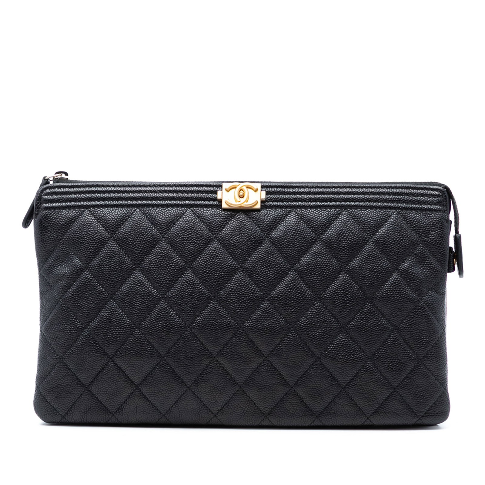 Chanel Boy O Case Black Quilted Caviar Leather Zip Clutch Bag: Chanel Boy O Case Black Quilted Caviar Leather Zip Clutch Bag This Chanel clutch bag features a quilted caviar leather exterior in black with a top zip closure. The interior includes a zip compartment