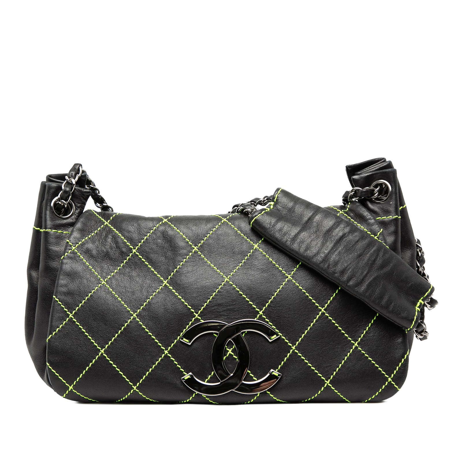 Chanel CC Wild Stitch Black Lambskin Accordion Flap Shoulder Bag: Chanel CC Wild Stitch Black Lambskin Accordion Flap Shoulder Bag This Chanel CC Wild Stitch Lambskin Accordion Flap shoulder bag features a quilted lambskin leather body, a leather-woven chain shoulde