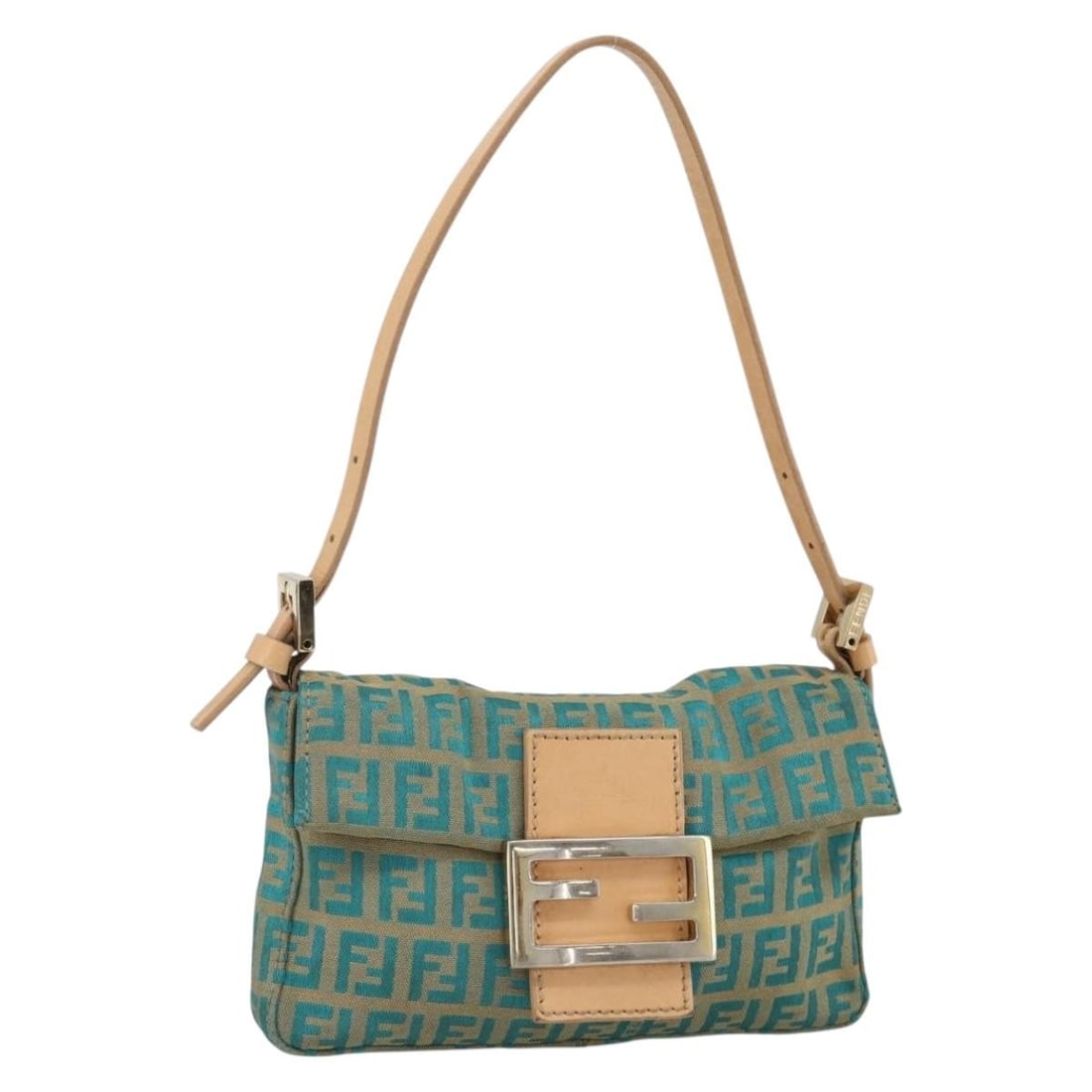 Fendi Green Zucchino Canvas Mamma Accessory Pouch with Silver Accents: Fendi Green Zucchino Canvas Mamma Accessory Pouch with Silver Accents This Fendi accessory pouch features the iconic Zucchino canvas in green and silver tones. Designed for women, it has a compact buc