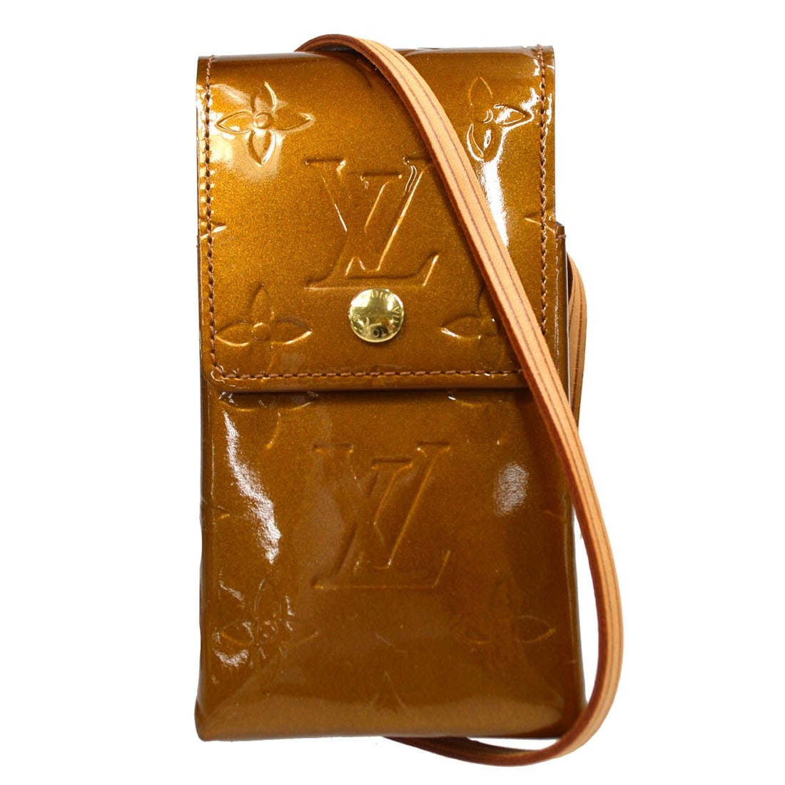 Louis Vuitton Vernis Bronze Cigarette Pochette Shoulder Bag M91156: Louis Vuitton Vernis Bronze Cigarette Pochette Shoulder Bag M91156 This Louis Vuitton Vernis Greene shoulder bag is crafted in monogram patent leather with a bronze exterior and brown leather lining. 