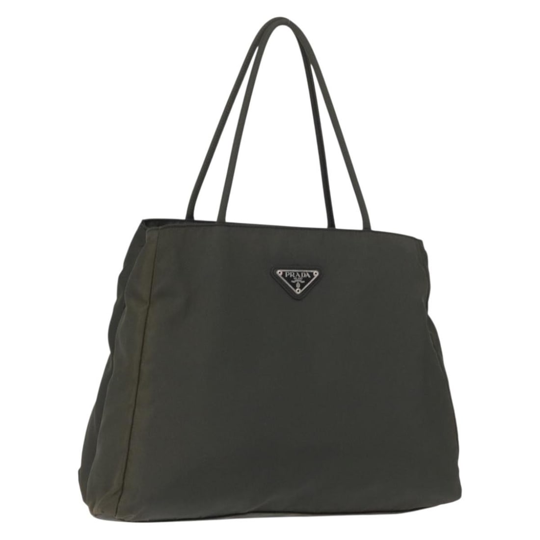 PRADA Khaki Silver Nylon Tote Bag Made in Italy: PRADA Khaki Silver Nylon Tote Bag Made in Italy This authentic PRADA tote bag is crafted from durable nylon in a stylish khaki and silver color combination. The bag measures approximately 12.6 inches 