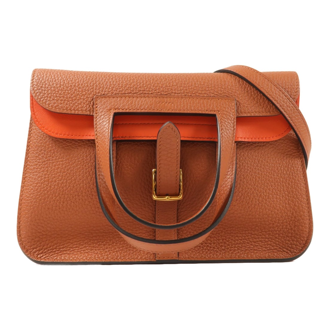 Hermes Halzan 25 Clemence Leather Shoulder Bag with Gold Hardware: Hermes Halzan 25 Clemence Leather Shoulder Bag with Gold Hardware This Hermes Halzan 25 Verso 2-way shoulder bag is crafted from Clemence leather in a brown tone with a versatile design that allows it
