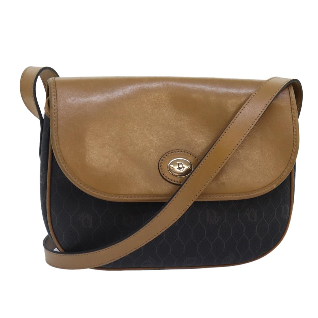 Christian Dior Black Honeycomb Canvas PVC Leather Shoulder Bag Gold Accents: Christian Dior Black Honeycomb Canvas PVC Leather Shoulder Bag Gold Accents This Christian Dior shoulder bag features a sophisticated honeycomb canvas design with black and gold PVC leather accents. D