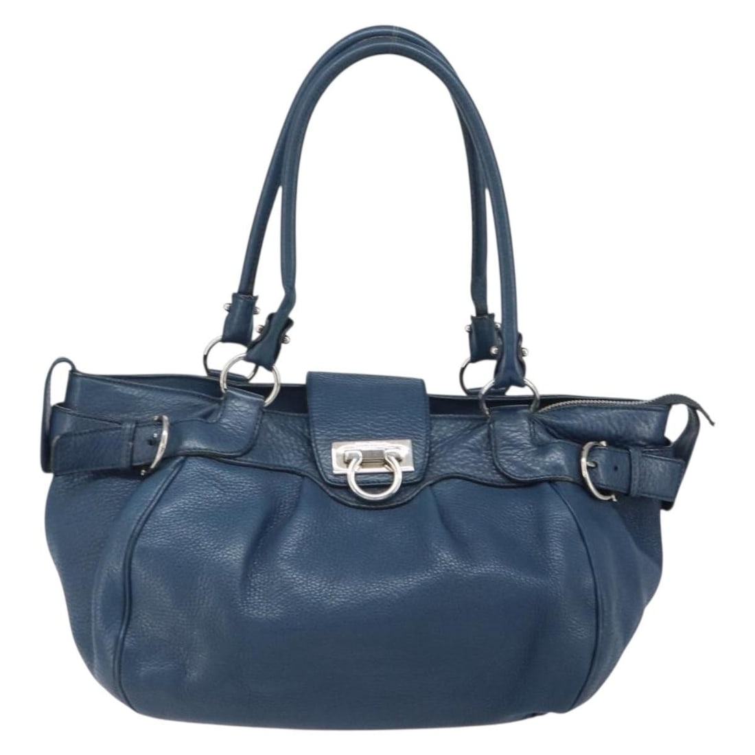 Leather Salvatore Ferragamo Gancini Blue Handbag 25cm by 20cm by 14cm: Leather Salvatore Ferragamo Gancini Blue Handbag 25cm by 20cm by 14cm This Salvatore Ferragamo Gancini handbag for women features blue leather construction with metal fittings. It shows signs of wear 
