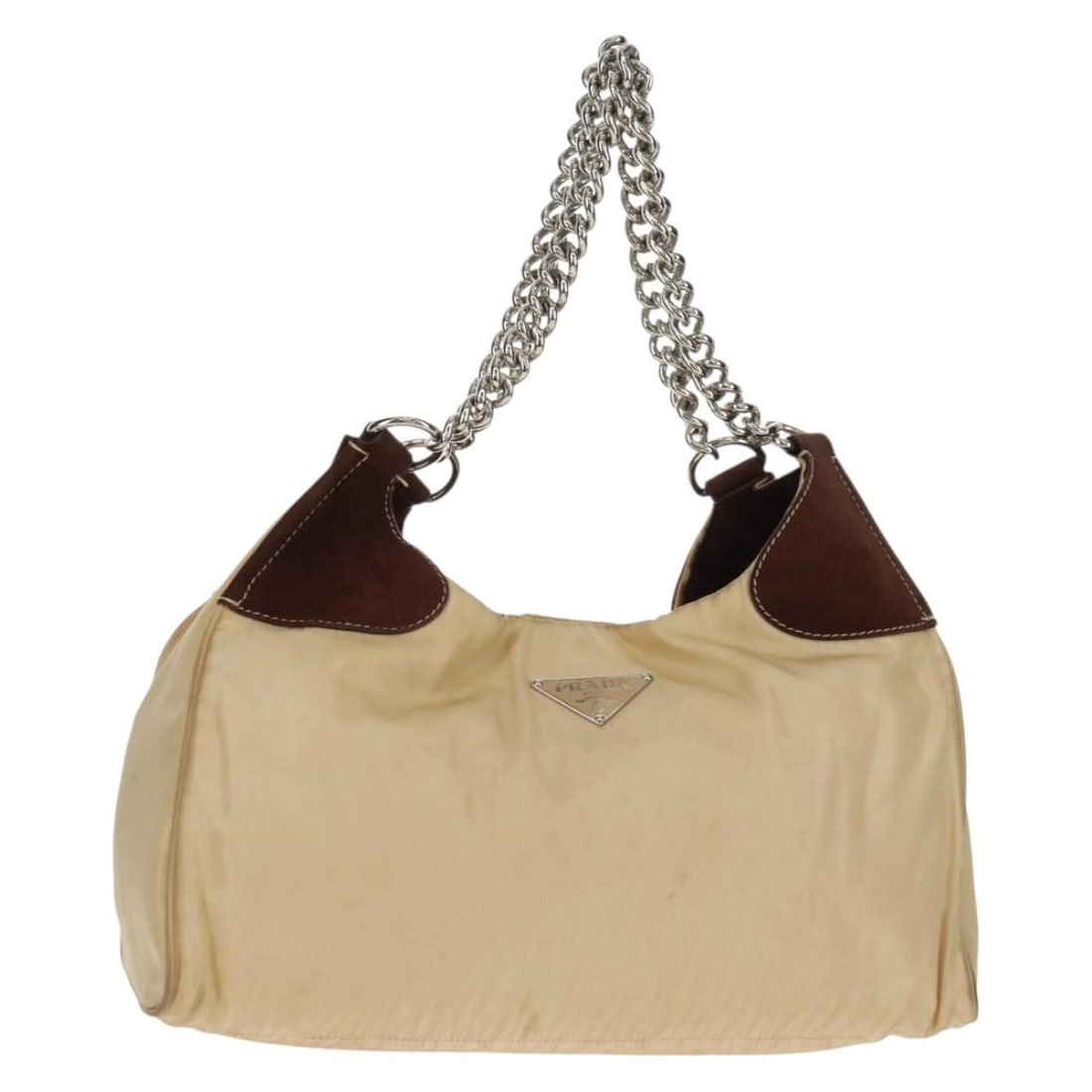Prada beige nylon shoulder bag with silver chain Italy: Prada beige nylon shoulder bag with silver chain Italy This PRADA chain shoulder bag is crafted from beige nylon with silver-tone accents. Designed for women, it features a spacious main compartment a
