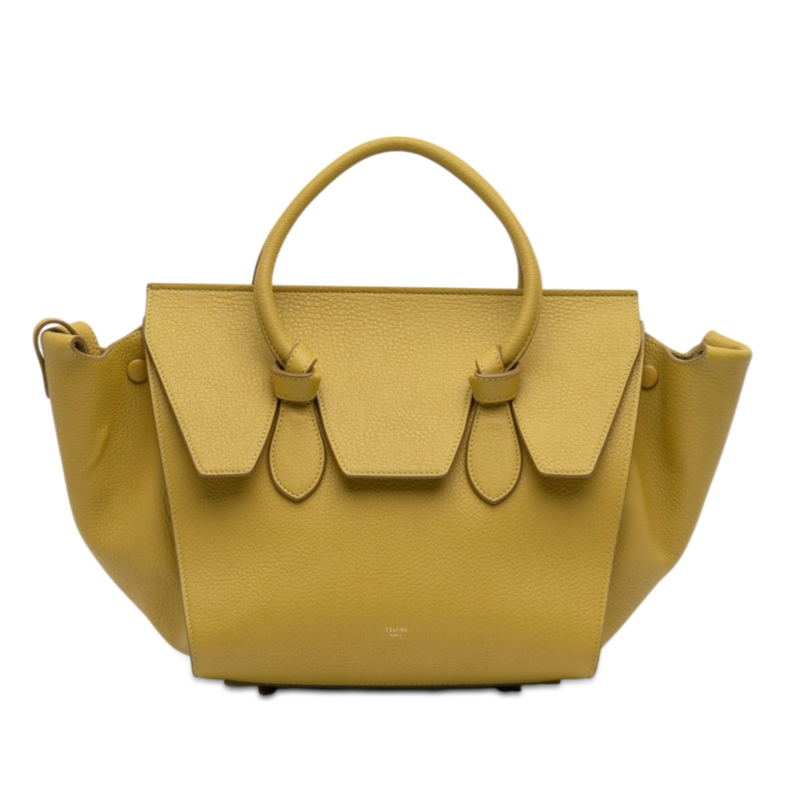 Celine Tie Knot Small Yellow Leather Handbag with Top Flap Closure: Celine Tie Knot Small Yellow Leather Handbag with Top Flap Closure This Celine Small Grained Calfskin Tie Knot Handbag features a yellow leather body with rolled leather handles, a top flap with pull-