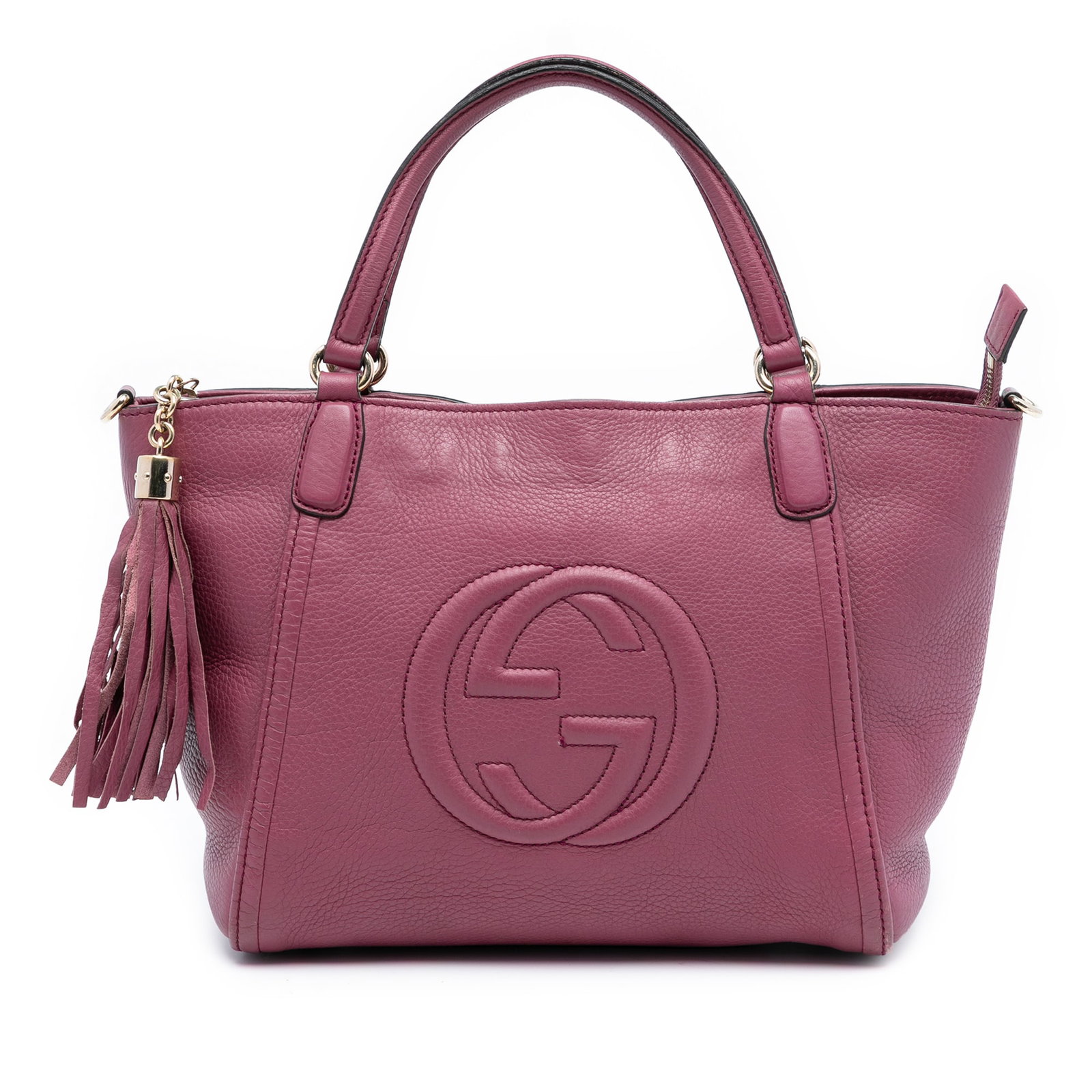 Gucci Soho Cellarius Purple Leather Small Satchel Bag with Tassel Zip: Gucci Soho Cellarius Purple Leather Small Satchel Bag with Tassel Zip This Gucci Small Calfskin Soho Cellarius Satchel features a purple leather body with flat leather handles, a top zip closure accen