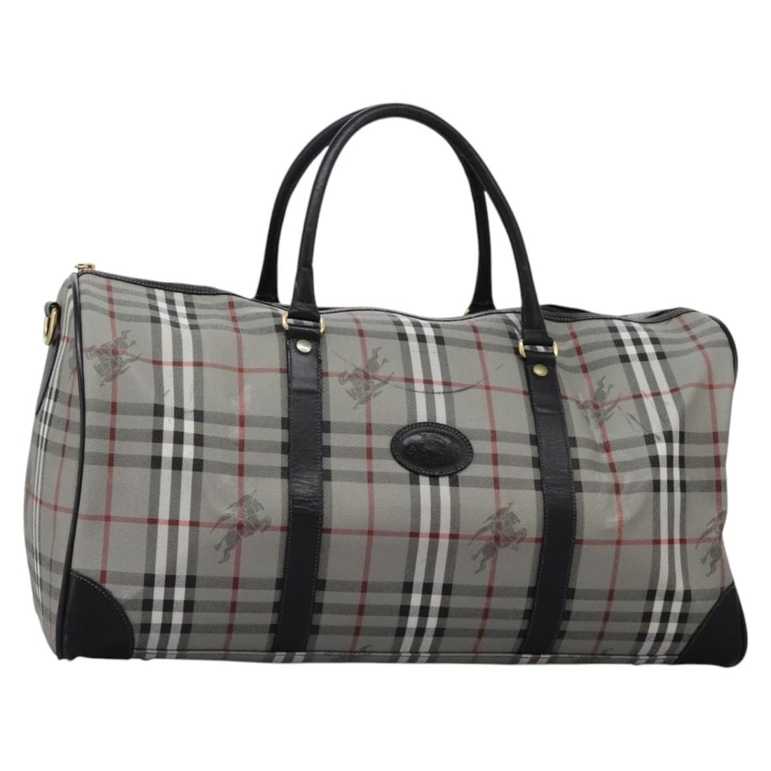 Burberrys Nova Check Gray Boston Bag PVC Leather Gold-Tone Made in Italy: Burberrys Nova Check Gray Boston Bag PVC Leather Gold-Tone Made in Italy This Burberrys Boston bag features the iconic Nova Check pattern in gray and gold PVC leather. Designed for women, the bag is c