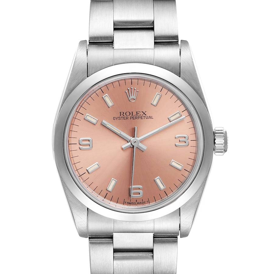 Ladies Oyster Perpetual Watch Salmon Dial Reference 77080: Ladies Oyster Perpetual Watch Salmon Dial Reference 77080 This ladies' Rolex Oyster Perpetual features a distinctive salmon dial, smooth bezel, and classic Oyster bracelet. The watch carries the refer