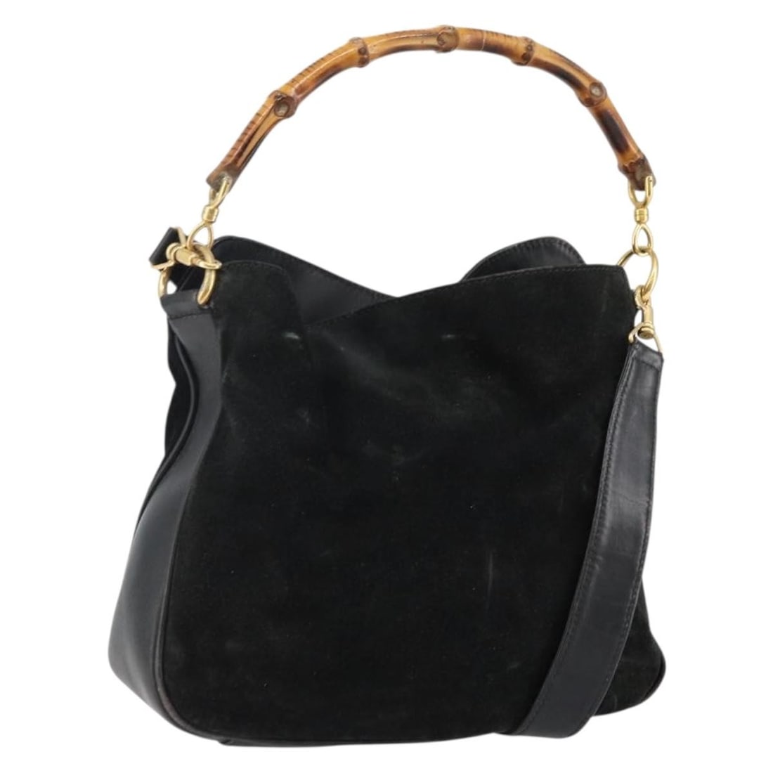 Authentic GUCCI Bamboo Suede Hand Bag Black Gold 001 3754 1638: Authentic GUCCI Bamboo Suede Hand Bag Black Gold 001 3754 1638 This elegant GUCCI Bamboo Hand Bag is crafted from premium suede leather in a striking black and gold color combination. Measuring approx