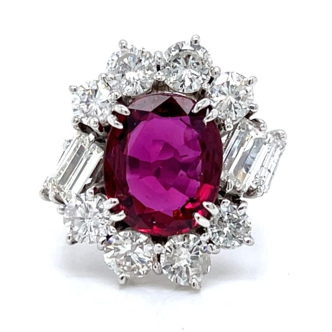 1960's 18K White Gold Ruby Diamond Ring AGL Certified 4.50 Ct: 1960's 18K White Gold Ruby Diamond Ring AGL Certified 4.50 Ct This exquisite 1960's 18K White Gold ring features a stunning AGL Certified Ruby, approximately 4.50 Ct, surrounded by a total of 8 Diamon