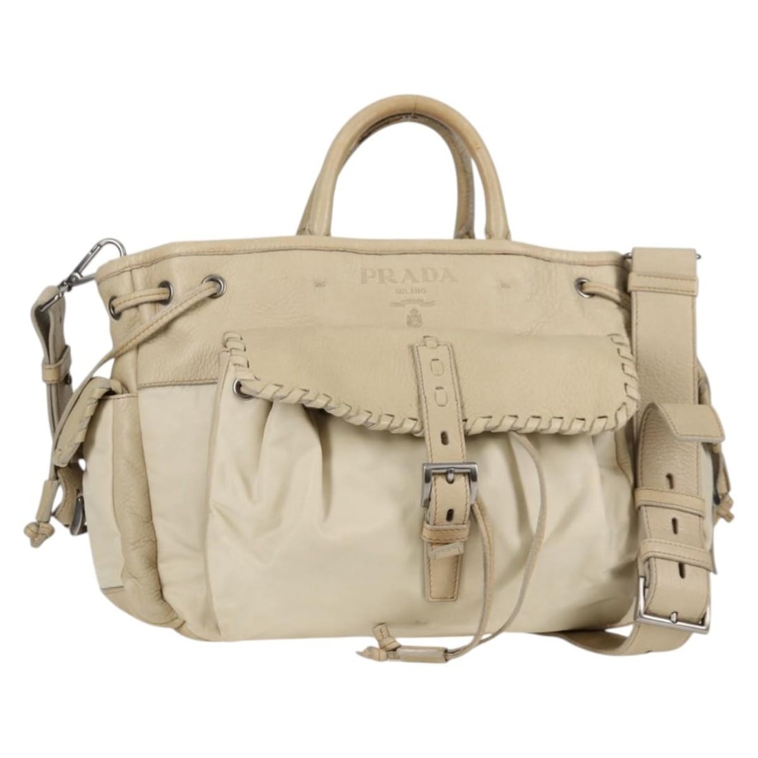 PRADA Leather Hand Bag 2-Way Beige Silver Made in Italy: PRADA Leather Hand Bag 2-Way Beige Silver Made in Italy This elegant PRADA 2-way handbag is crafted from high-quality leather in a sophisticated beige and silver color palette. Designed for versatilit