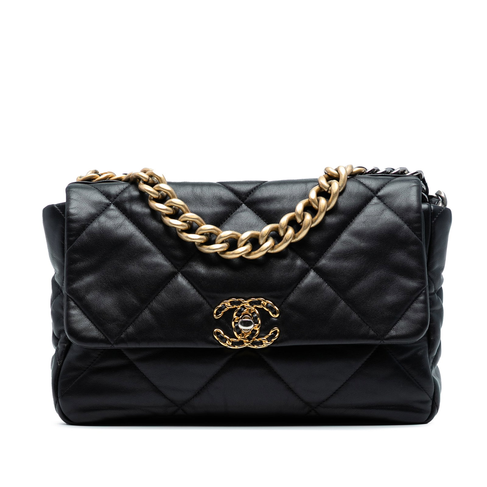 Chanel Large 19 Flap Black Lambskin Leather Bag: Chanel Large 19 Flap Black Lambskin Leather Bag Introducing the Chanel Large Lambskin 19 Flap bag, a luxurious accessory crafted from exquisite quilted lambskin leather. This elegant bag features a cl