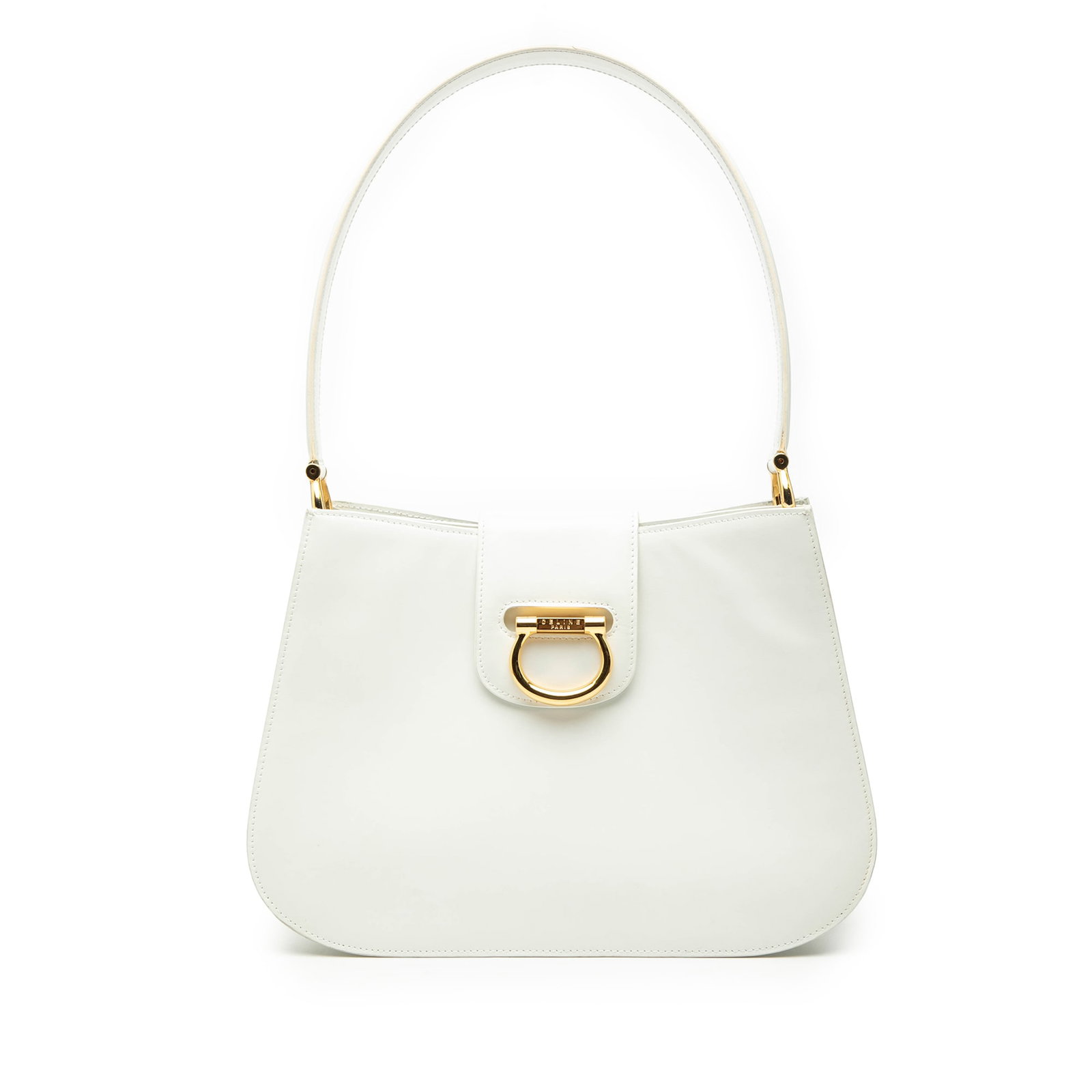 White Leather Shoulder Bag with Horseshoe Closure by Celine: White Leather Shoulder Bag with Horseshoe Closure by Celine This Celine shoulder bag features a white leather body, a flat leather strap, and a top strap with a distinctive horseshoe-shaped metal clos