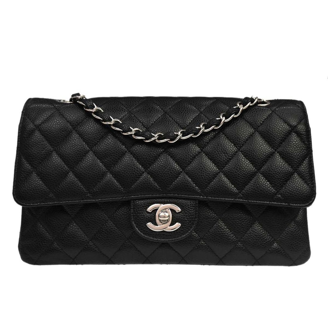 CHANEL Classic Double Flap Black Calfskin Shoulder Bag Medium: CHANEL Classic Double Flap Black Calfskin Shoulder Bag Medium This medium-sized Chanel Classic Double Flap shoulder bag is crafted from black calfskin leather and features a turn lock closure. Designe