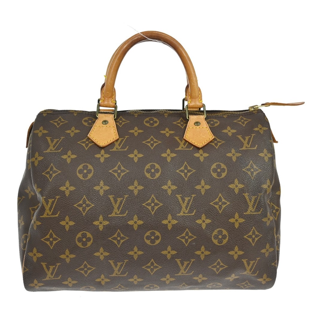 Louis Vuitton Speedy 30 Monogram Canvas Satchel Bag with Leather Handles: Louis Vuitton Speedy 30 Monogram Canvas Satchel Bag with Leather Handles This Louis Vuitton Speedy 30 handbag features the iconic monogram canvas exterior with beige leather double handles and a secur