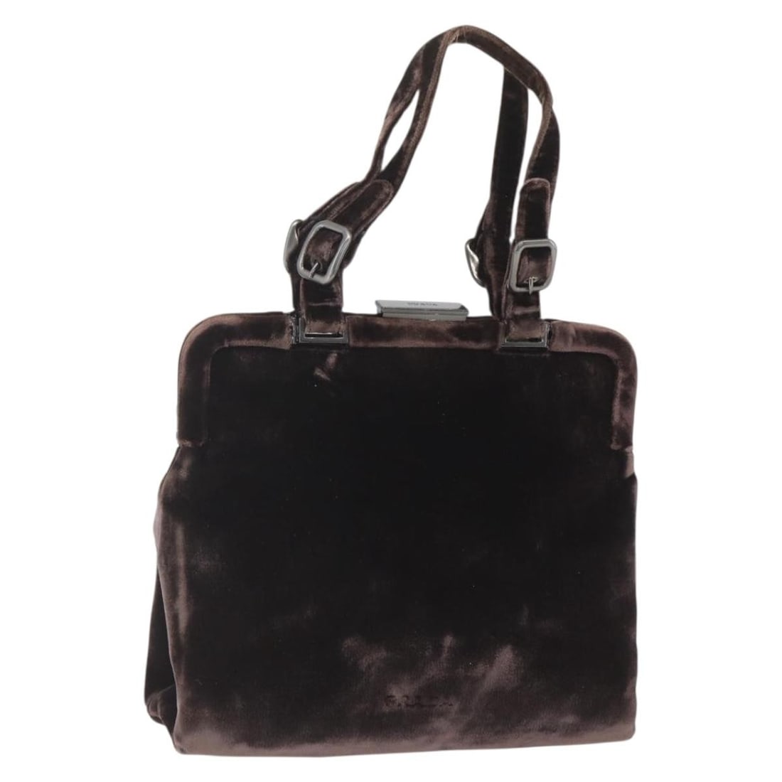 Velor Brown and Silver Prada Handbag Made in Italy with Guarantee Card: Velor Brown and Silver Prada Handbag Made in Italy with Guarantee Card This Prada handbag features a brown and silver velor exterior with a structured silhouette. It has a handle drop of approximately