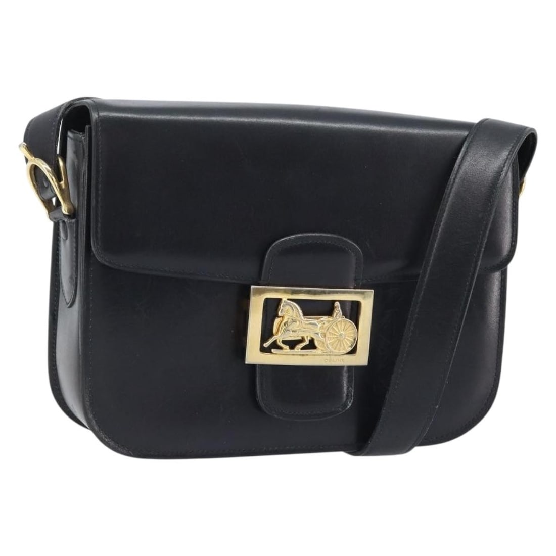 Celine Horse Carriage Black Leather Shoulder Bag Gold Hardware Italy: Celine Horse Carriage Black Leather Shoulder Bag Gold Hardware Italy This is a CELINE Horse Carriage shoulder bag crafted from black leather with gold-tone accents. The bag features a structured silho