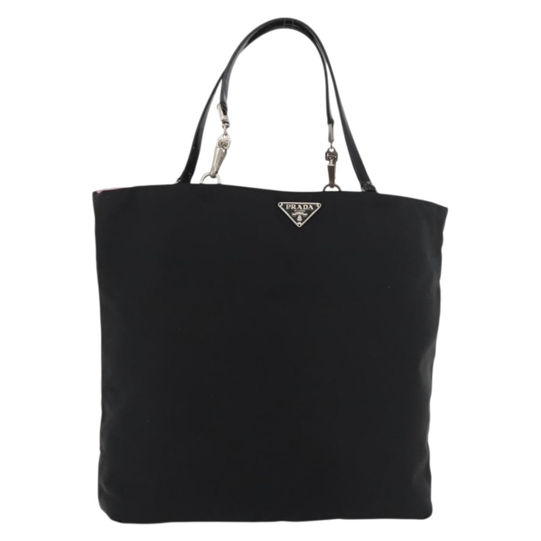 Prada nylon black silver handbag Italy 9.1 inch: Prada nylon black silver handbag Italy 9.1 inch This PRADA women's handbag is crafted from black nylon with silver-tone accents. Made in Italy, it features a compact design with dual handles and a pra