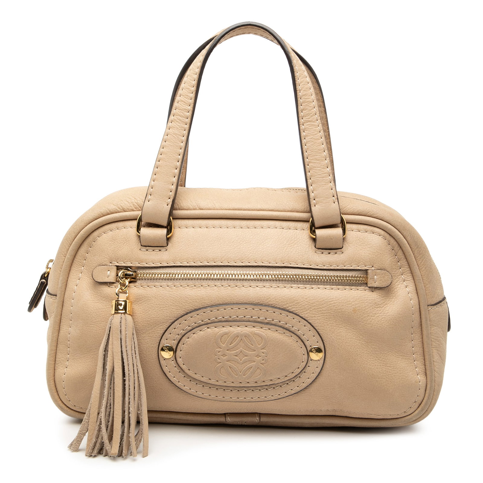 Mini Anagram Brown Leather Handbag with Tassel by Loewe: Mini Anagram Brown Leather Handbag with Tassel by Loewe This LOEWE Mini Anagram handbag is crafted from brown leather and features flat leather handles, a top zip closure, and a front zip pocket with 