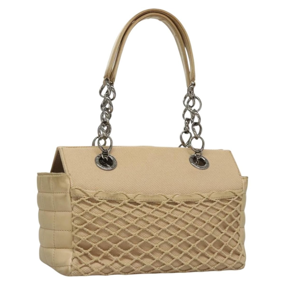 Beige Canvas Choco Bar Tote with CC Logo by CHANEL: Beige Canvas Choco Bar Tote with CC Logo by CHANEL This CHANEL Choco Bar tote bag is crafted from beige canvas and features the iconic CC logo. Designed for women, it offers a structured shape with a 