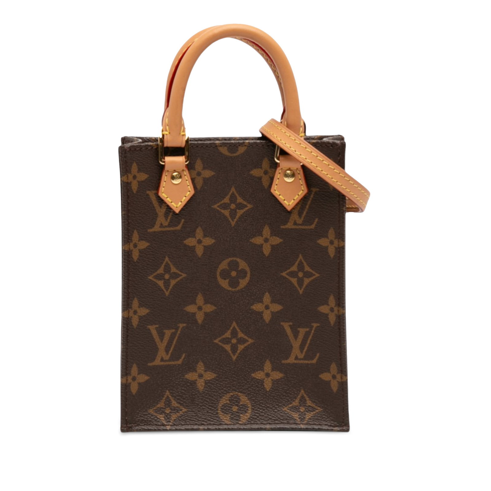 Monogram Canvas Petit Sac Plat Bag with Leather Strap by Louis Vuitton: Monogram Canvas Petit Sac Plat Bag with Leather Strap by Louis Vuitton This Louis Vuitton Monogram Petit Sac Plat features a monogram canvas body with rolled vachetta leather handles and a detachable,