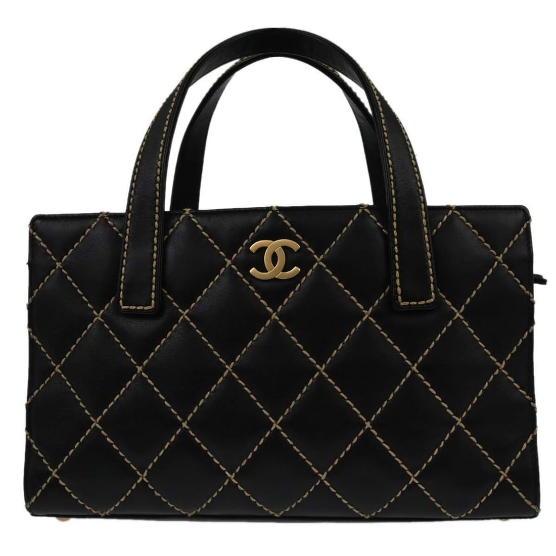 Chanel Wild Stitch Medium Black Calfskin Quilted Top Handle Bag: Chanel Wild Stitch Medium Black Calfskin Quilted Top Handle Bag This Chanel Wild Stitch handbag features a black quilted calfskin leather exterior with top handle styling and zip closure. The medium-s