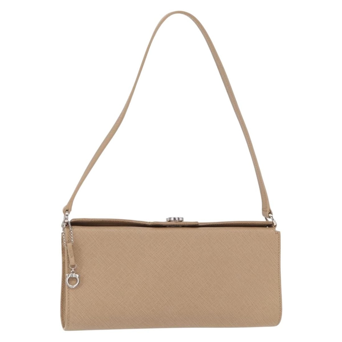 Salvatore Ferragamo Beige Silver Leather Gancini Shoulder Bag: Salvatore Ferragamo Beige Silver Leather Gancini Shoulder Bag This Salvatore Ferragamo Gancini shoulder bag is crafted from beige leather with silver-tone accents. Designed for women, the bag features